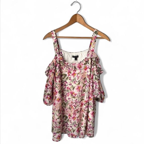 Lane Bryant Top Pink + Ivory Floral Cold Shoulder Blouse Lined Chiffon - Picture 1 of 9